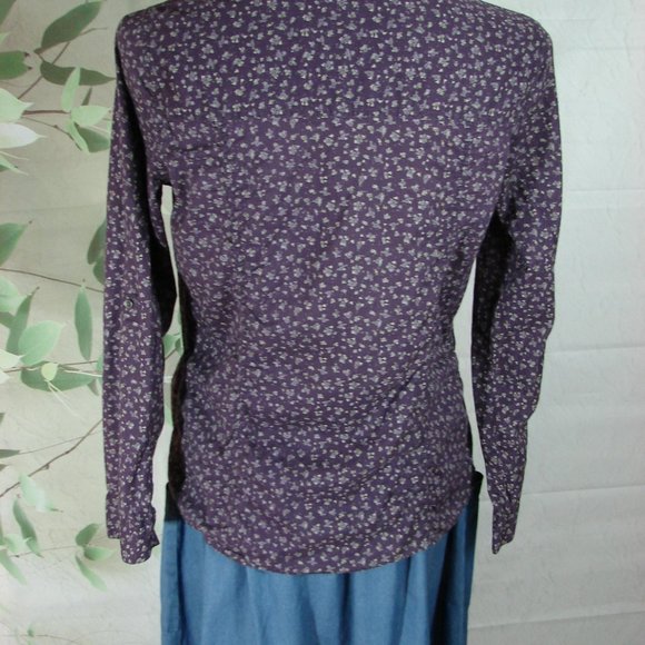 Purple Dainty Floral Long Adjustable Sleeve Ruche Button Front Scallop Hem Large - Picture 13 of 16